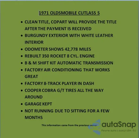 1971 Oldsmobile Cutlass z USA, uszkodzony, nr VIN 336871R112067